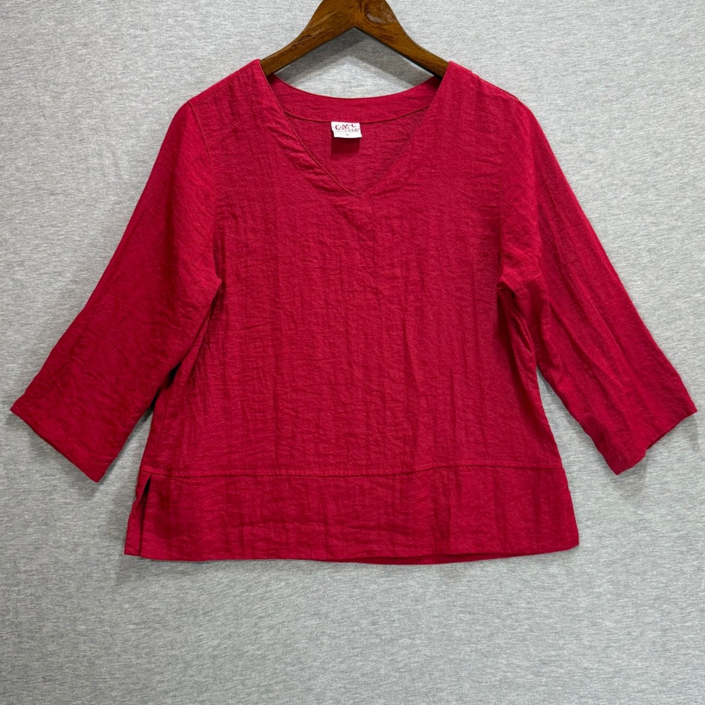 CMC V-Neck Blouse Womens L Red 3/4 Sleeve Textured Rayon Blend Lagenlook
